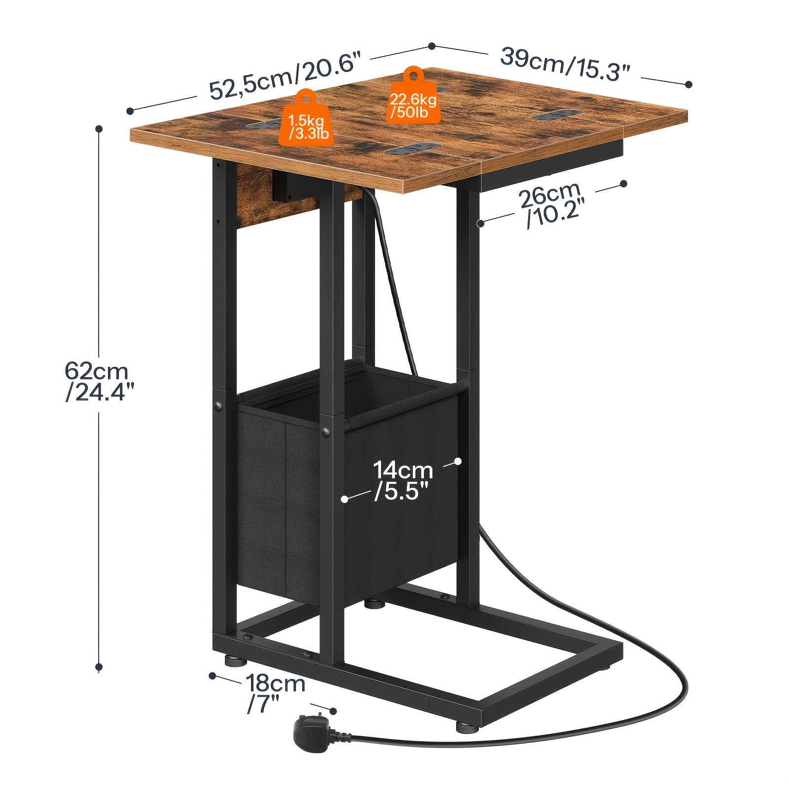 TEMU A Foldable Side Table In Rustic Brown And Black, Perfect For Sofas Or As A Bedside Table, Featuring A Charging Station With 2 Usb Ports And 2 Ac