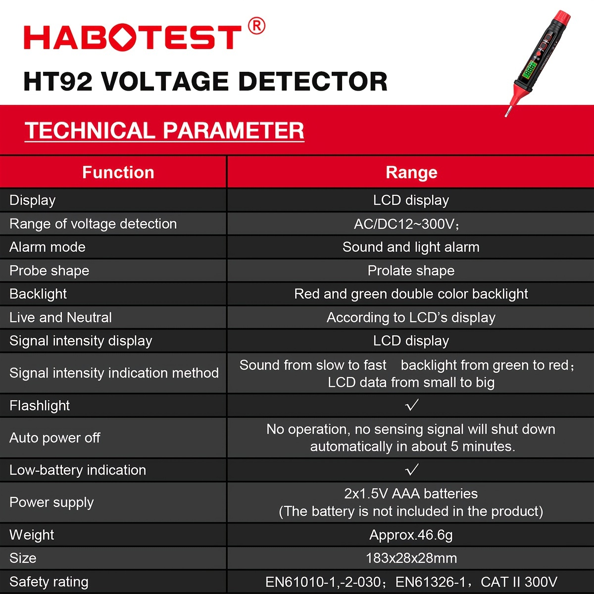 HT92 Voltage Tester, Contact Voltage Tester, Dual Range AC/DC 12V-300V, Electrical Tester With LCD Display, Buzzer Alarm, Wire Breakpoint Finder details 2