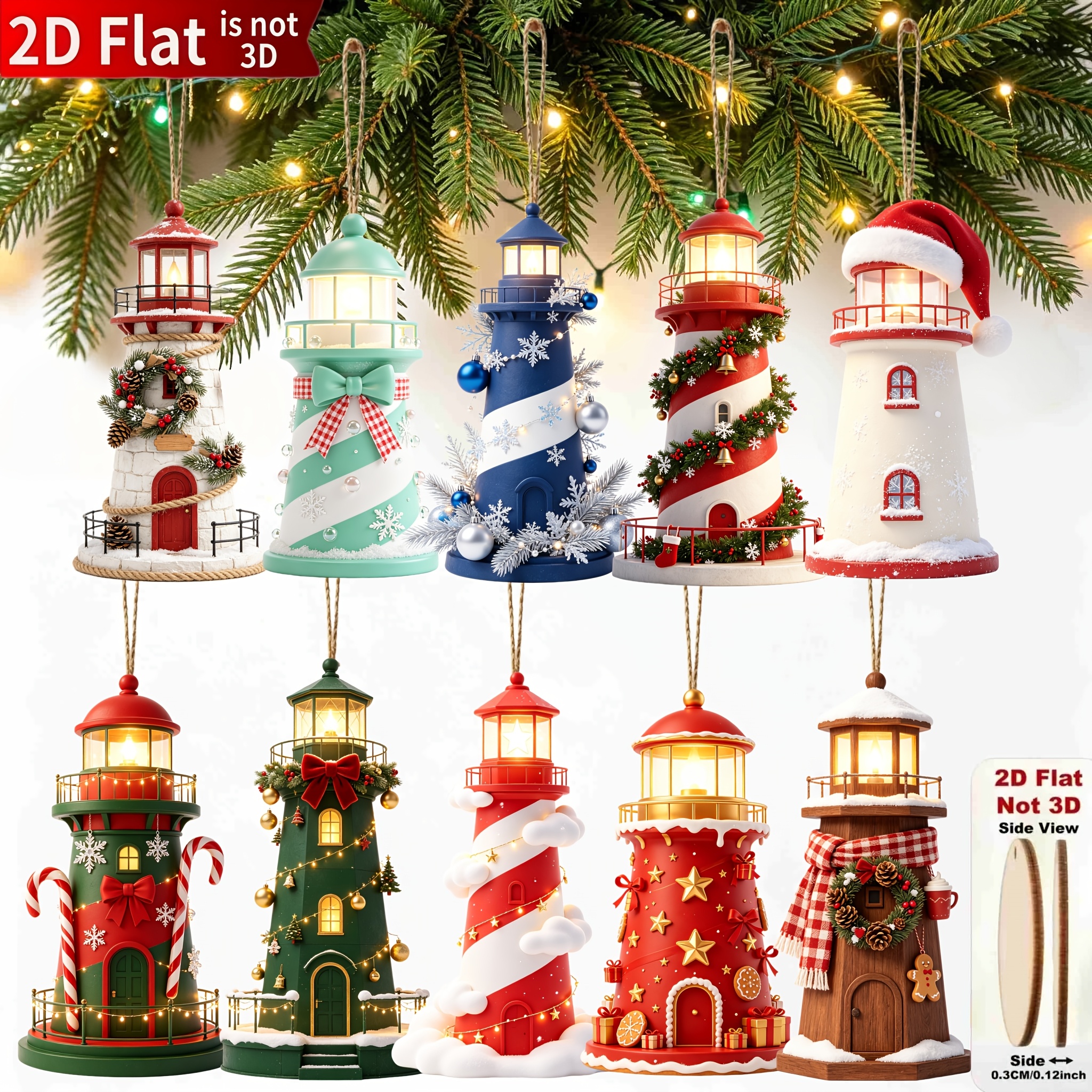 TEMU 2d Flat, 2d Flat Plane, 10pcs Set Of Christmas Lighthouse Wooden Hanging Ornaments In Styles, Premium Wooden Christmas Tree Ornaments, Holiday