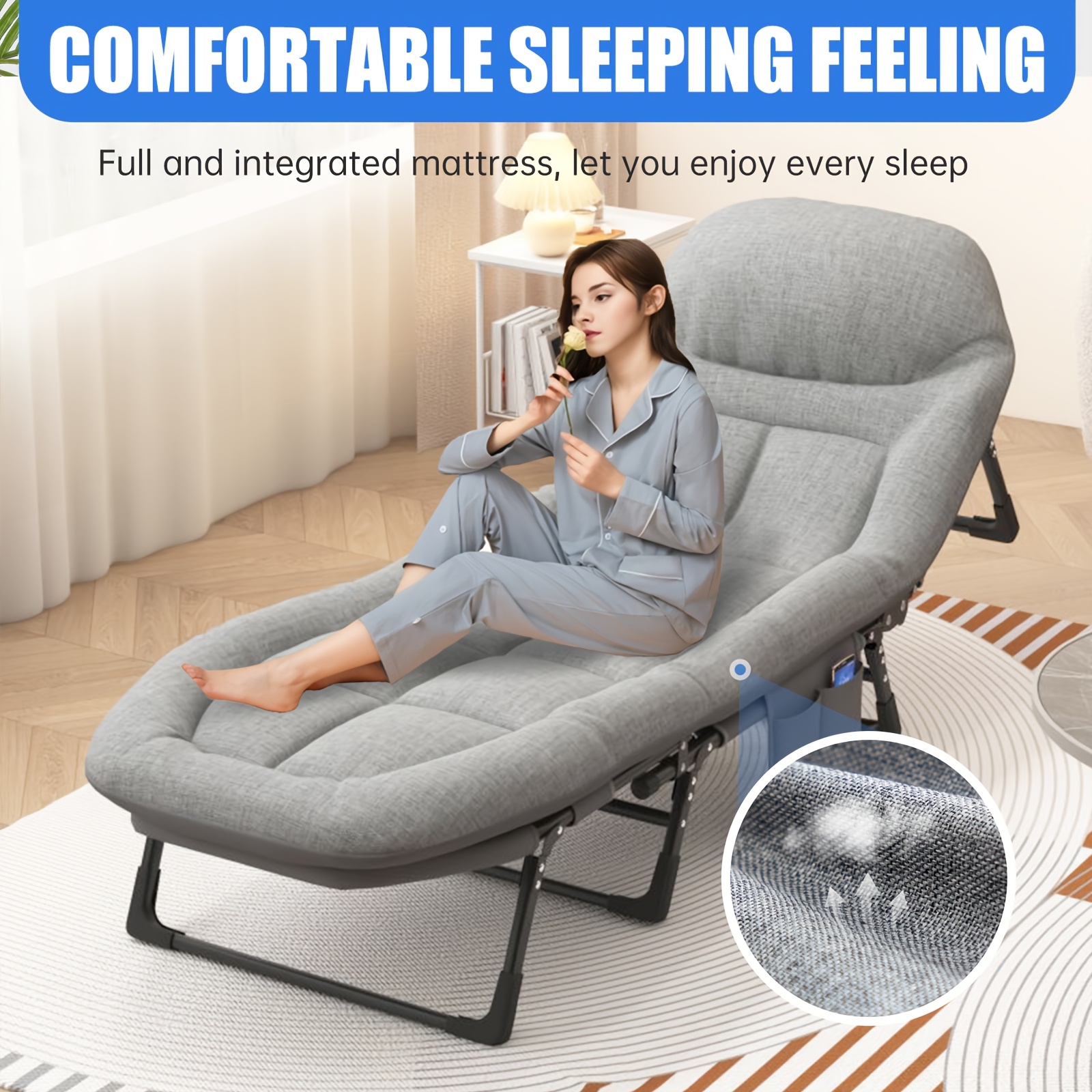   position adjustable folding lounge bed cot memory foam mattress pillow included 550lbs capacity portable reclining cot for office nap   patio indoor relaxation