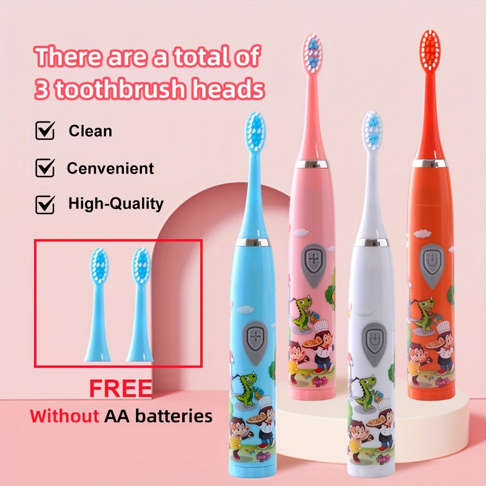 Battery-Powered Electric Toothbrush with 3 Replacement Heads, Model N02, Suitable for Kids and Adults, Compact Design Easy to Carry