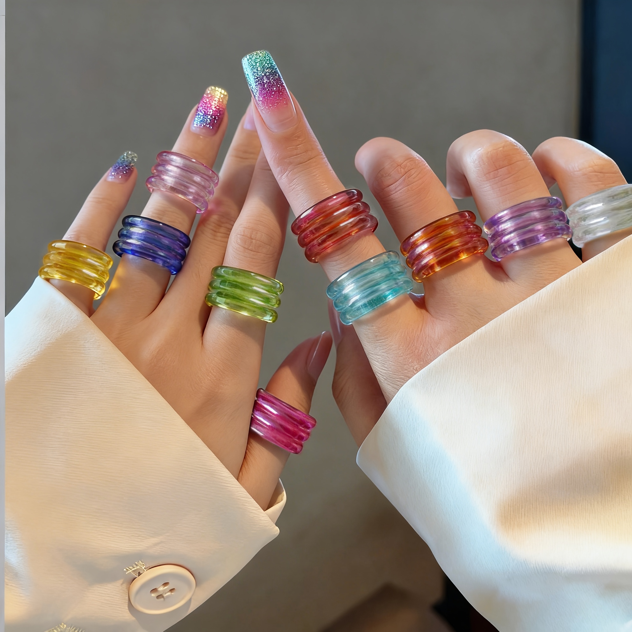 Set of 10 Dopamine Iridescent Resin Rings — Sweet Versatile Gift