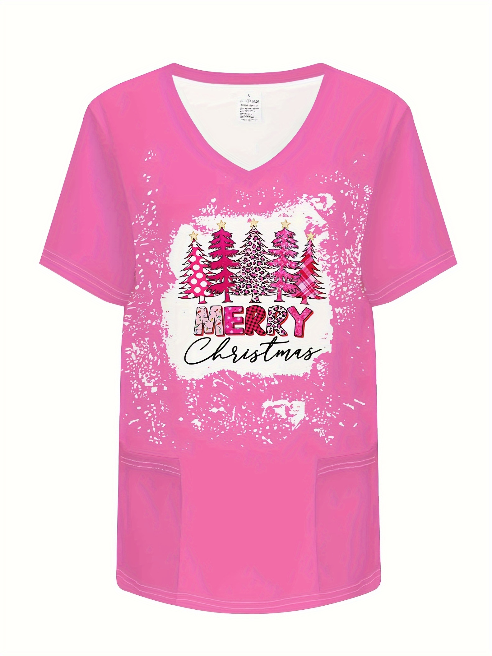 Women's Pink Christmas Tree Print V-Neck Scrub Top, Pink Floral Scrub Top, Blush Botanical Print Uniform Shirt, Scrub Tops, Elegant Festive Nurse, image size:800x1066