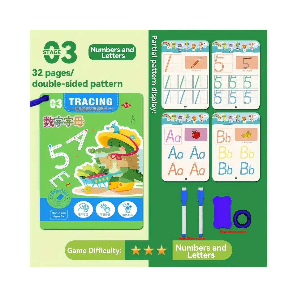 TEMU Cahier d'entraînement magique de 32 pages, cahier d'exercices réutilisable pour l'apprentissage du du crayon et de l'écriture pour enfants,