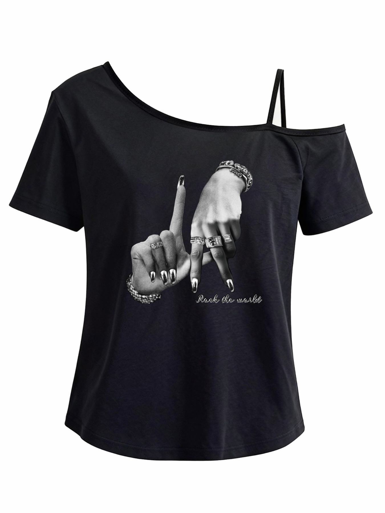 one shoulder short sleeve t shirt   gesture pattern print fashionable womens top slanted one shoulder strap   off shoulder fashion style casual and comfortable womens summer clothing
