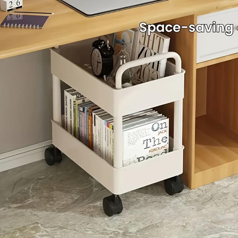 

1pc 2-tier Rolling Multifunctional Trolley With 4 Hooks - Plastic Storage Trolley, Space-saving , Suitable For Office, Dormitory, Bathroom And Snacks