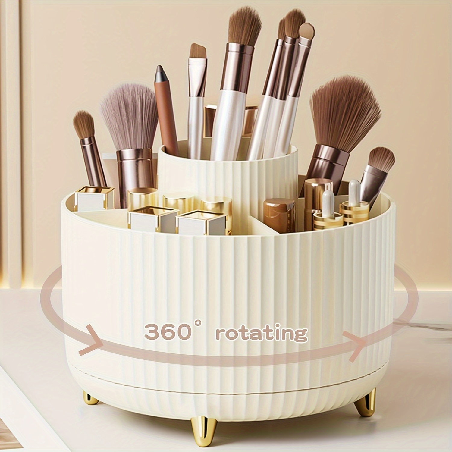 

360° Rotating Organizer - Large 5-compartment Storage Box For Brushes, Lipsticks & - Hypoallergenic Plastic