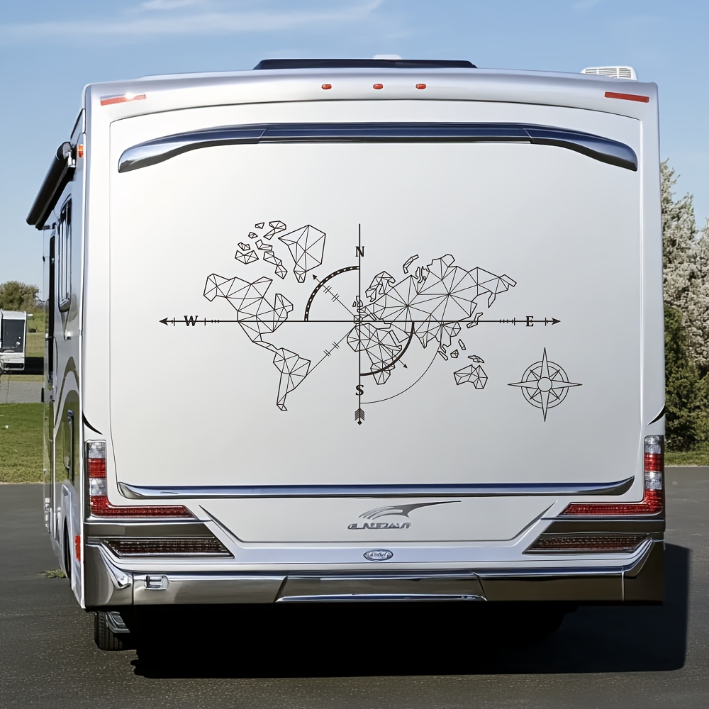 Exploration Adventure: 40x19.3" Geometry World Map Compass Earth Vinyl Decal - Perfect For Rvs, Trucks, And Campers | Durable Pet Material, On Windows, Walls & More