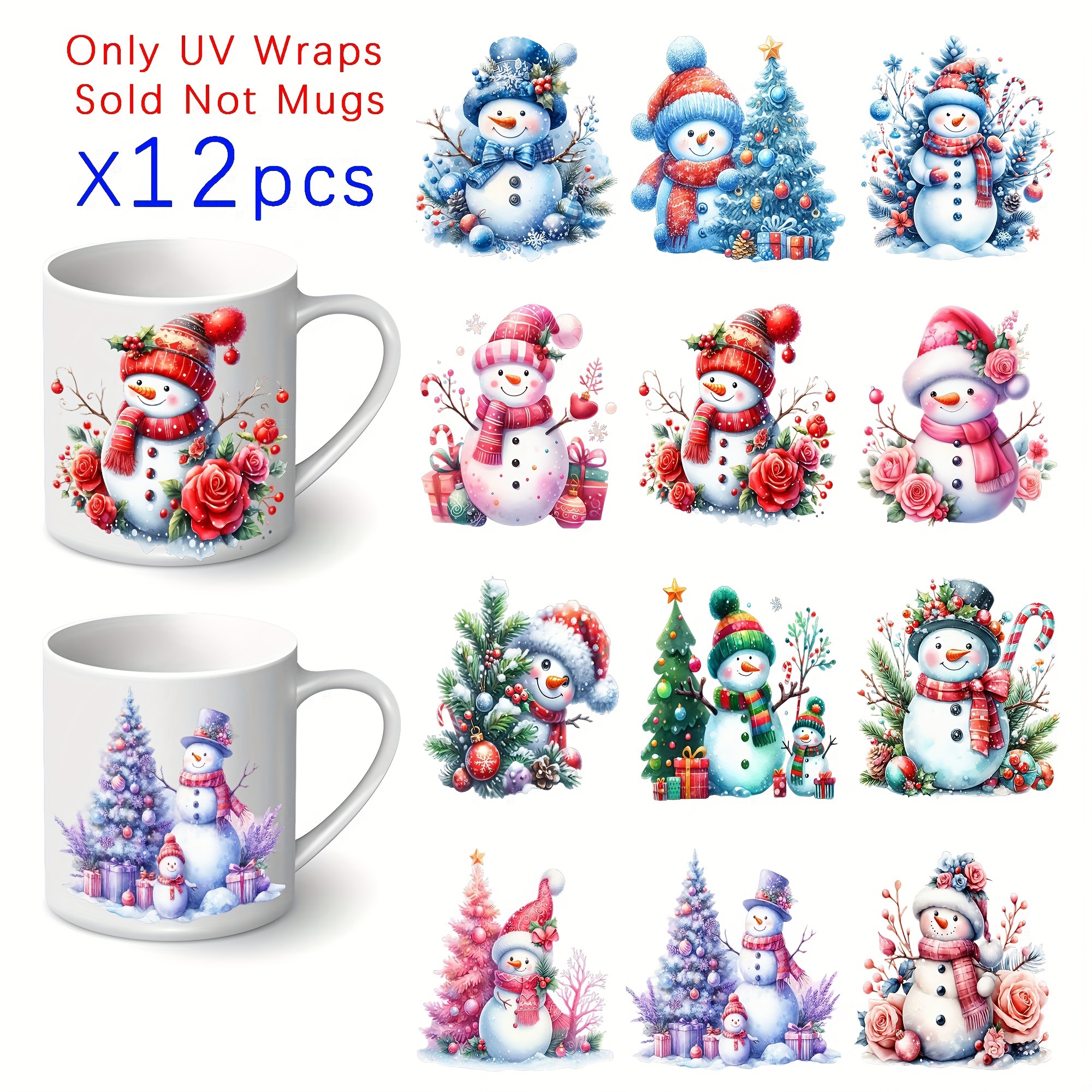 

12pcs Set Snowman & Flower Uv Dtf Transfer Stickers - High Diy Decals For Glass Bottles, Coffee Mugs & Wreaths