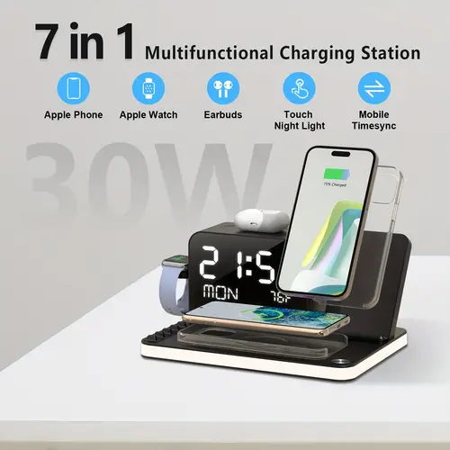 7 in 1 charging station with clock wireless charger with night light bt temperature for iphone iwatch best gifts presidents promotion