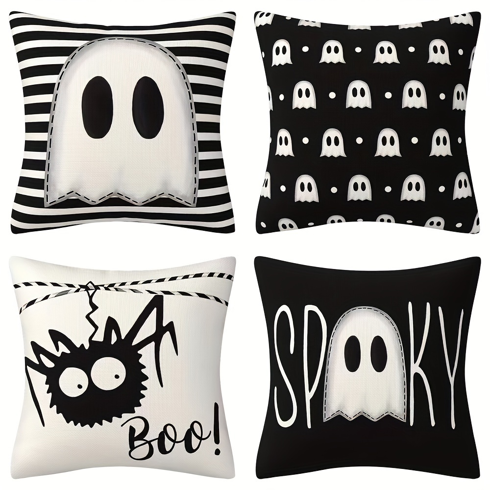 

Festive Halloween Linen Pillow Covers - Cute Striped Ghost And Spider Design, 4 Pieces, Machine Washable, Zipper Closure, Suitable For Bedroom Decor