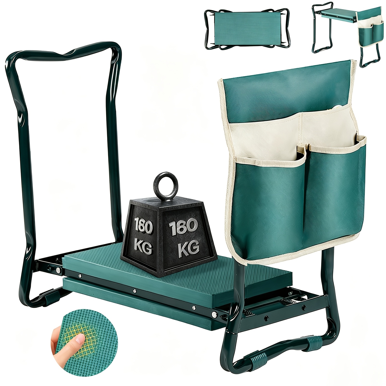 TEMU Tabouret de jardin pliable pour le jardinage, banc à genoux avec poches à outils, réglable en hauteur et pliable, de poids jusqu'à 180 kg,