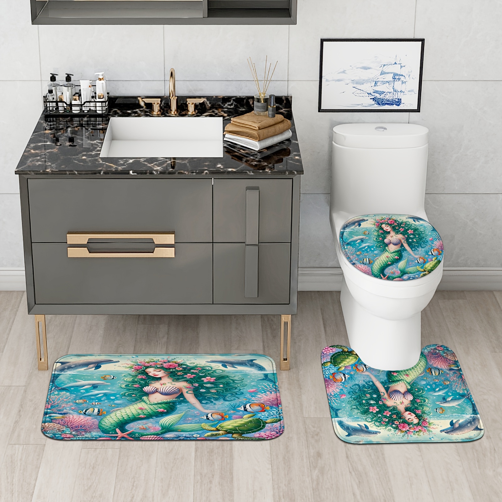 Ocean Fantasy Shower Curtain Set - Mermaid & Dolphin Design, Waterproof ...