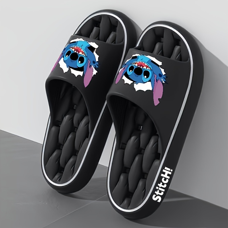 Disney Stitch Women's Soft EVA Slip-On Slippers - Non-Slip Ventilated Shower Design, All-Season Indoor/Outdoor House Shoes with Cute Cartoon Pattern, Black & Pink Options, Hand Washable, Indoor Footwear, Slipon Style, Durable Footwear