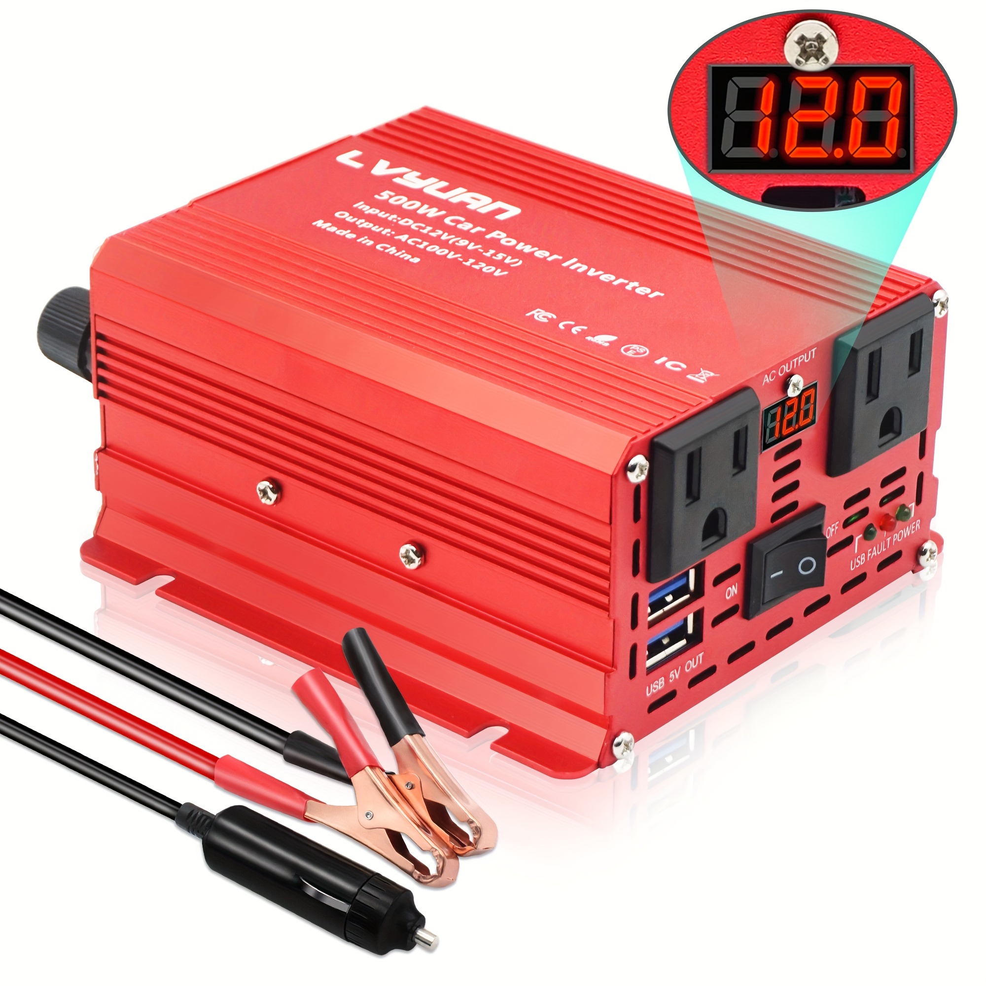 TEMU Power Inverter For Car 500w Inverter 12v To 110v With 2 Us Sockets, 2 Usb Ports, Led Display For Car