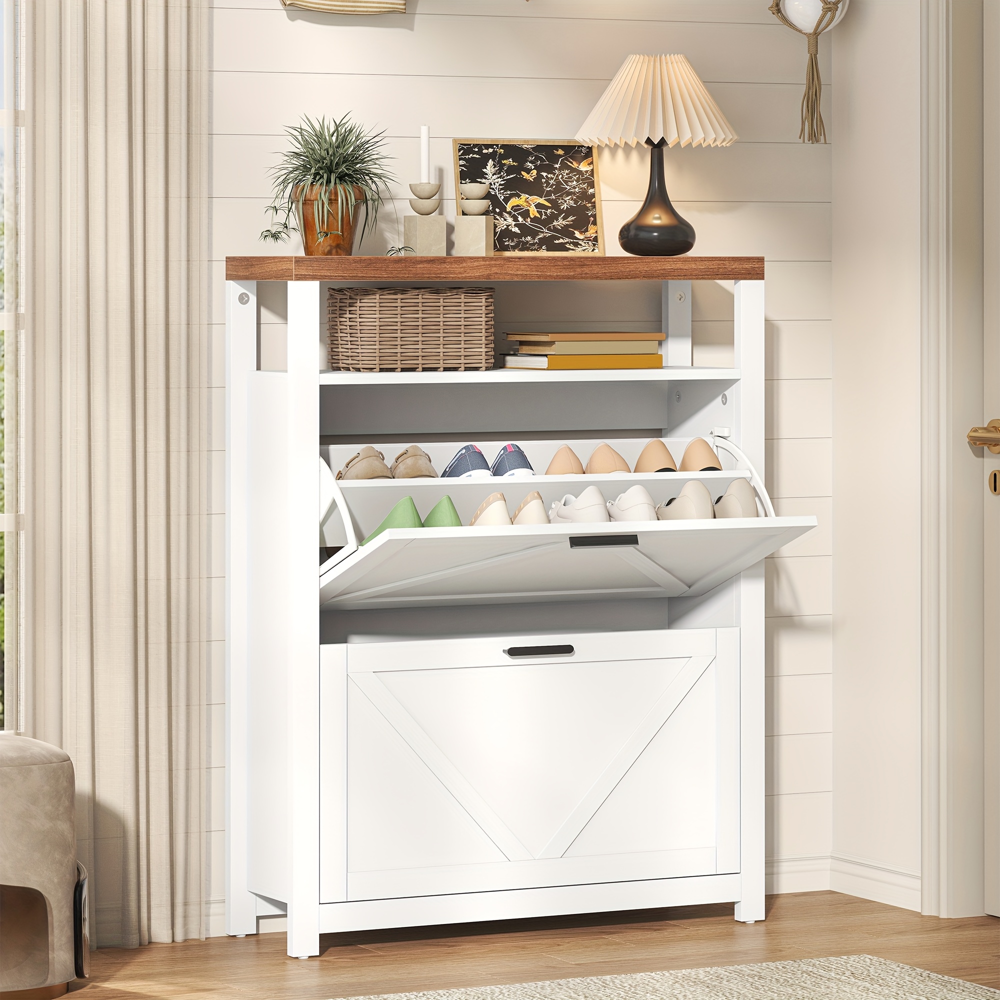 Shoe Cabinet With 2 Flip Drawers, Freestanding Shoe Cabinet Organizer With Metal Legs, Shoes Storage Cabinet For Entryway, Narrow Shoe Rack Cabinet, White