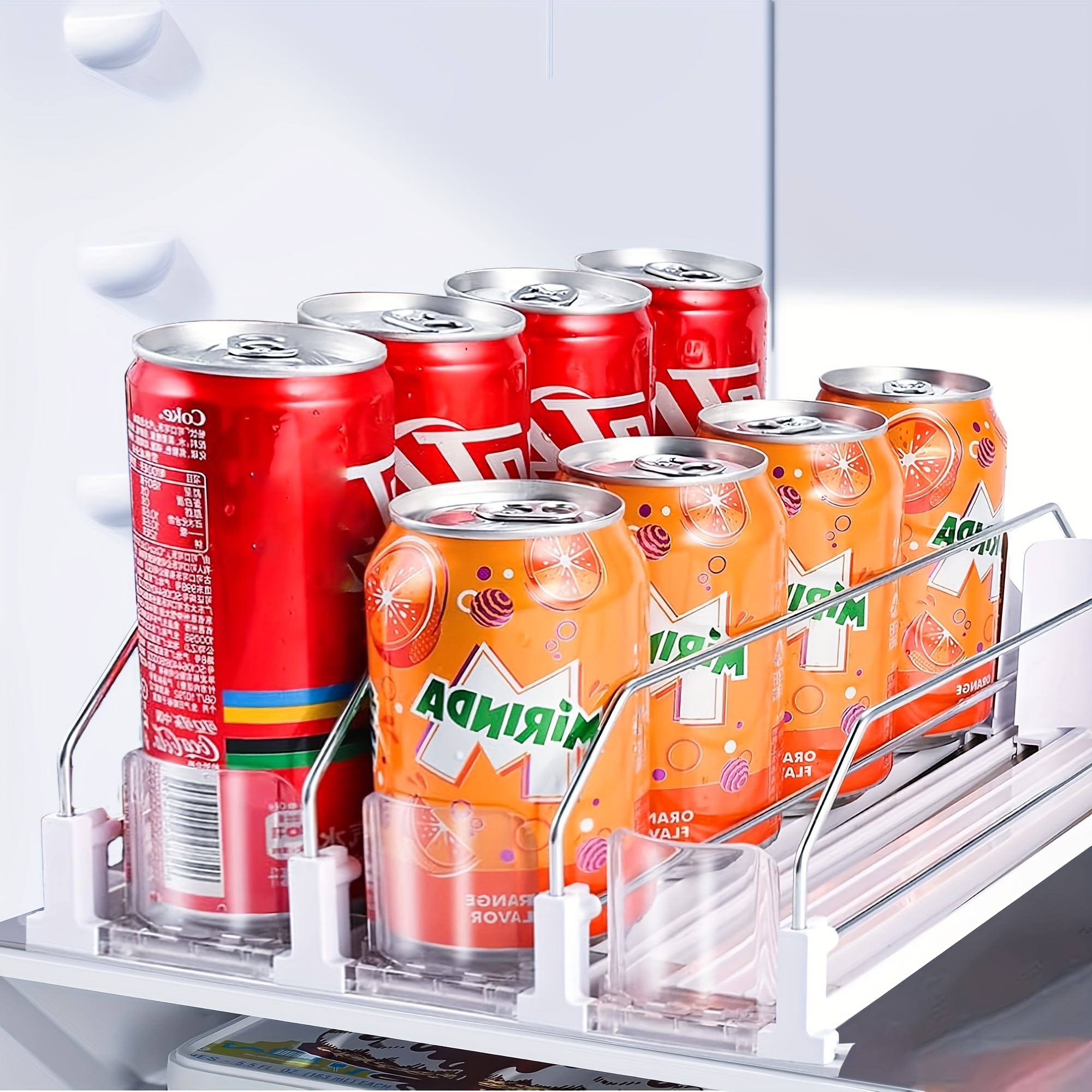 15-Can Soda Organizer with Automatic Pusher, Adjustable Width Transparent Dividers, and Clear Plastic Design for Refrigerator Storage, Perfect for Fizzy Drinks, Beverage Storage | Modern Refrigerator Accessory | Durable Plastic Organizer, Soda Fridge Organizer