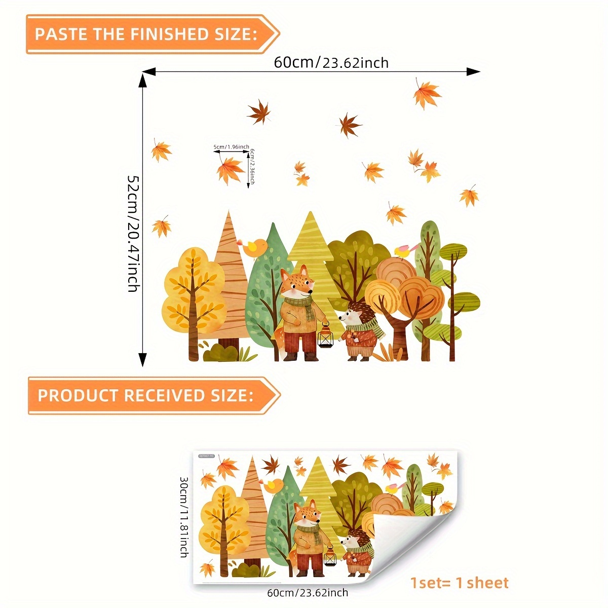 Image of 1 Sheet Of 30*60cm Autumn Fox Hedgehog Fallen Leaves Bedroom Window Balcony Window Sticker Decoration Window Glass Static Electricity Sticker 20 Double-sided Printing Double-sided Dj7067-yc