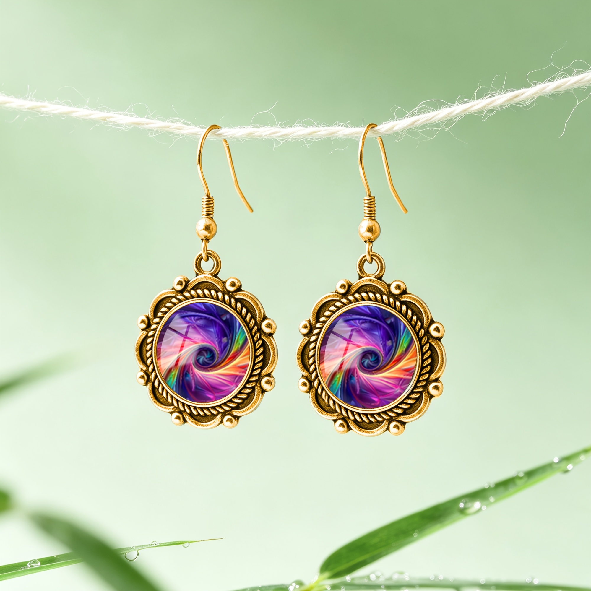 Women's Iridescent Swirl Pattern Earrings with Lace Trim