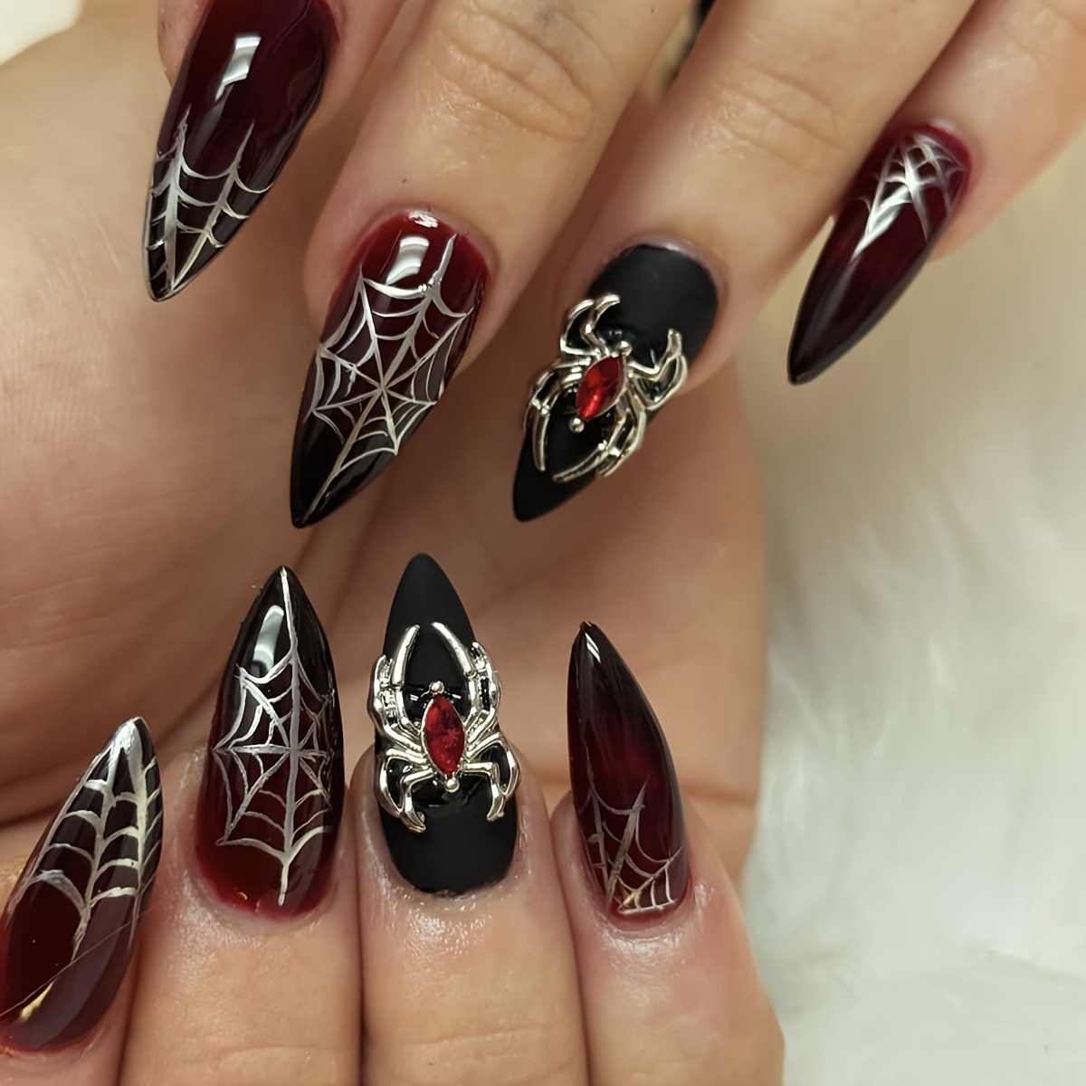 

24-piece Spider Web Design Press-on Nail Set - Black & Burgundy Stiletto Nail Tips With Rhinestones & Glossy Finish - Removable -themed Fake Nails With Spider Accents