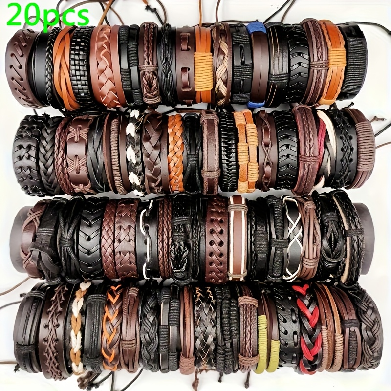 TEMU 20pcs Per Pack Of Leather Bracelets Made From Cowhide, Woven Bracelets In Mixed Styles, In Black And Brown, Wholesale Fashion Bangles For Women