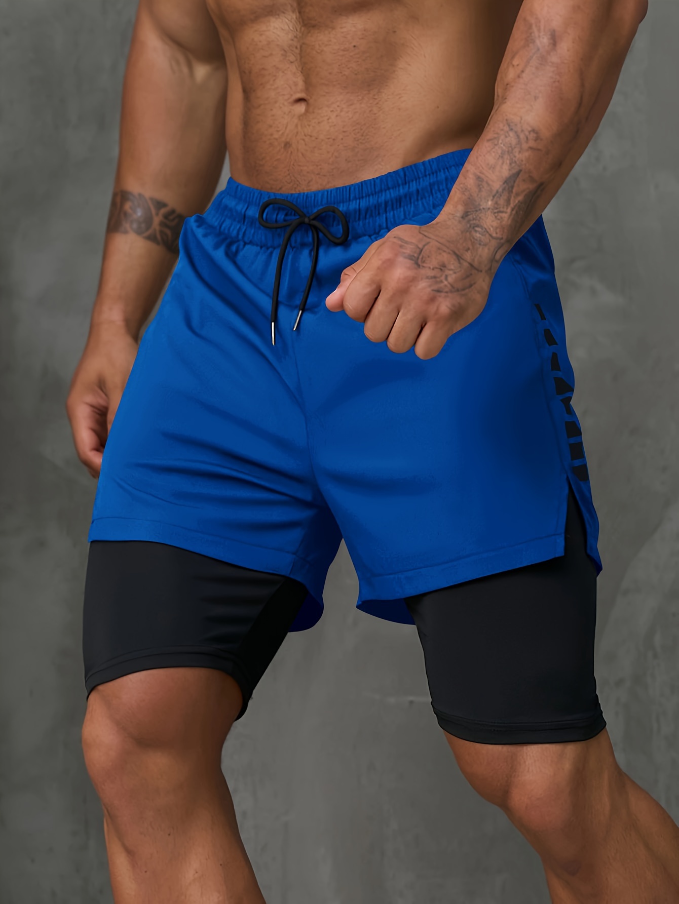 Men's 2-in-1 Running Shorts with Inner Pocket - Knee-Length, Double Layer for Gym & Training, Breathable Polyester, Machine Washable
