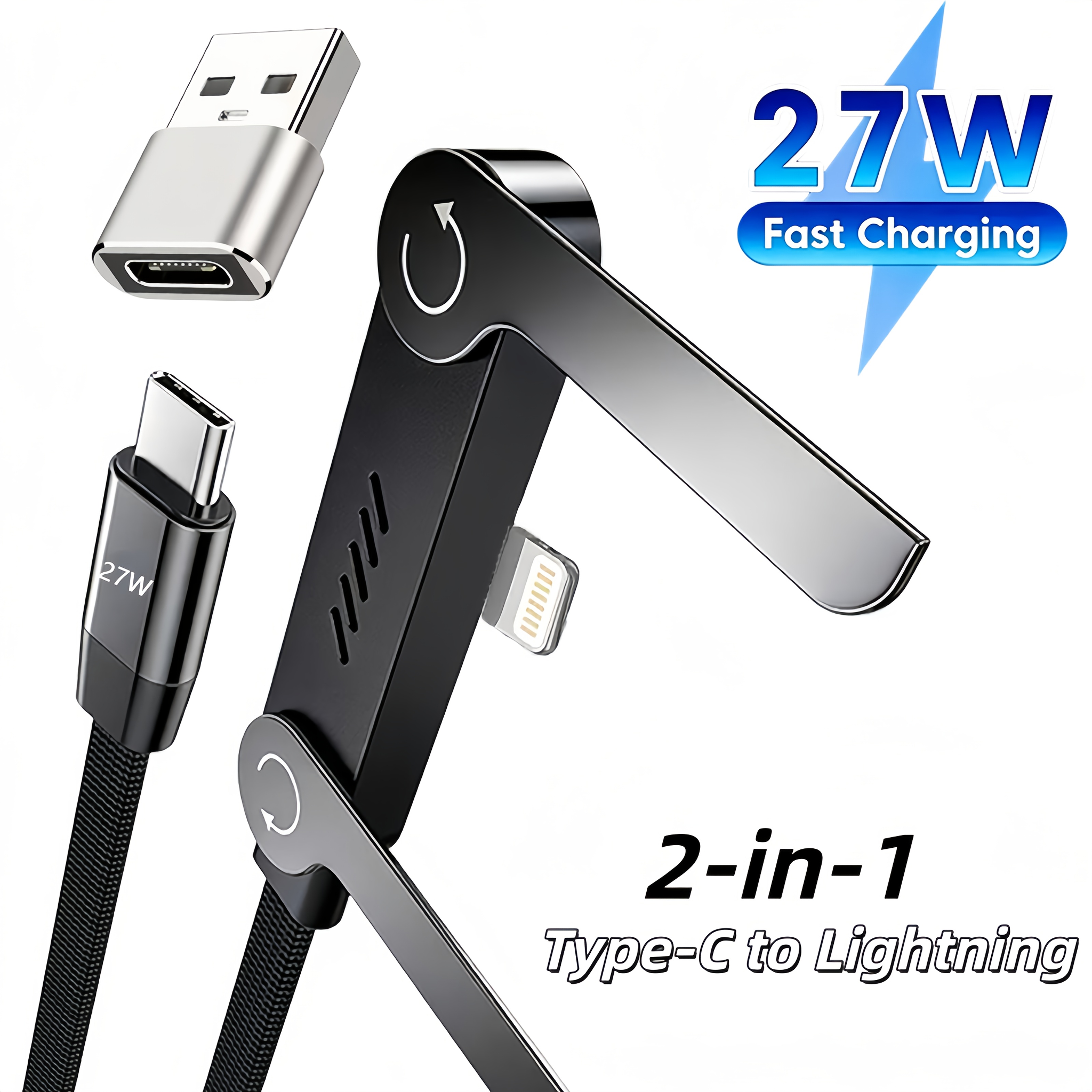 27w fast charging phone charging cable usb to lightning 2 in 1 folding   charging cable built in phone stand charging cable with usb adapter