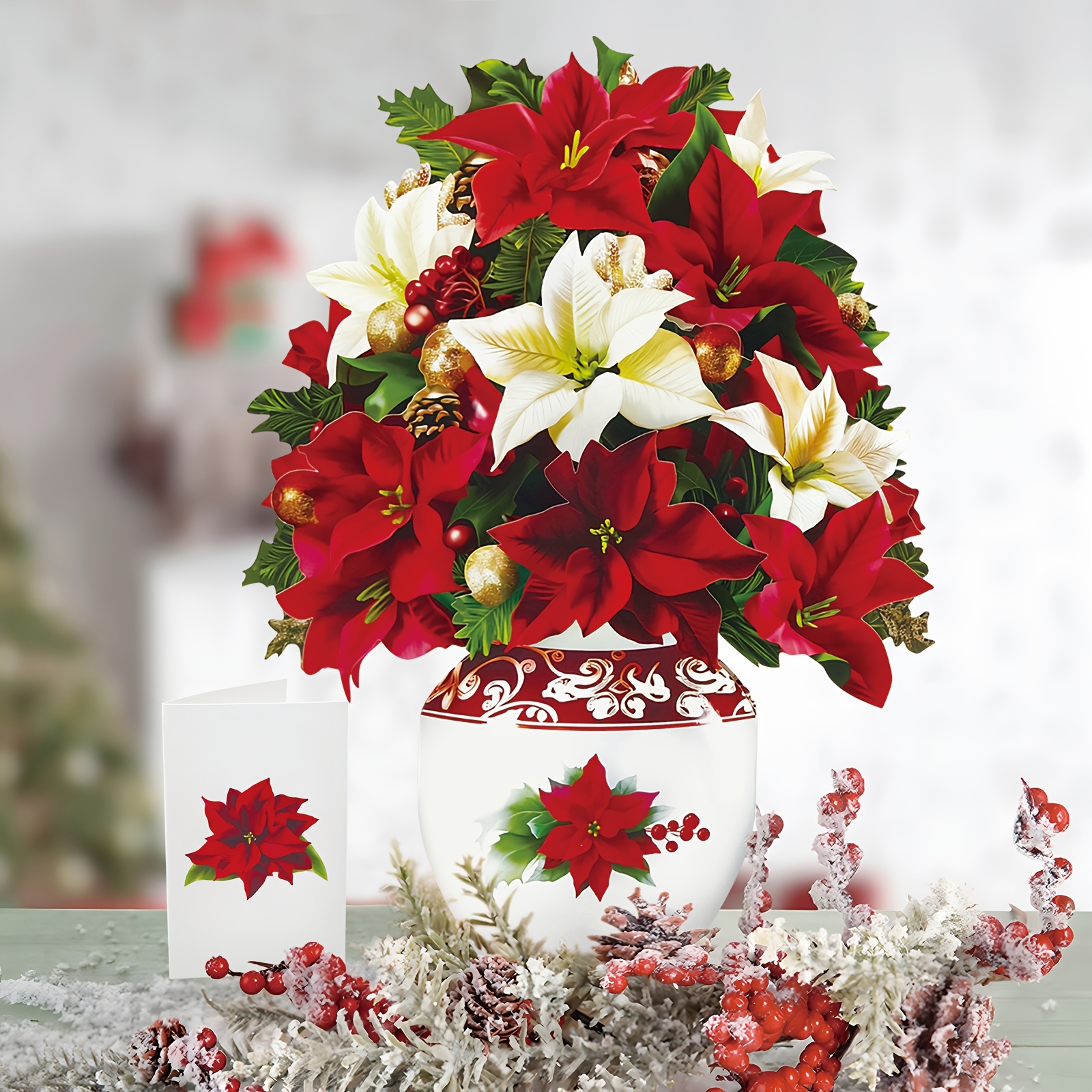 

3d Pop-up Poinsettia Bouquet Greeting Card With Envelope – Festive , Christmas, Mother’s Day, And Holiday Wishes, Holiday Greeting Card | Decorative Popup Card | Handcrafted Card