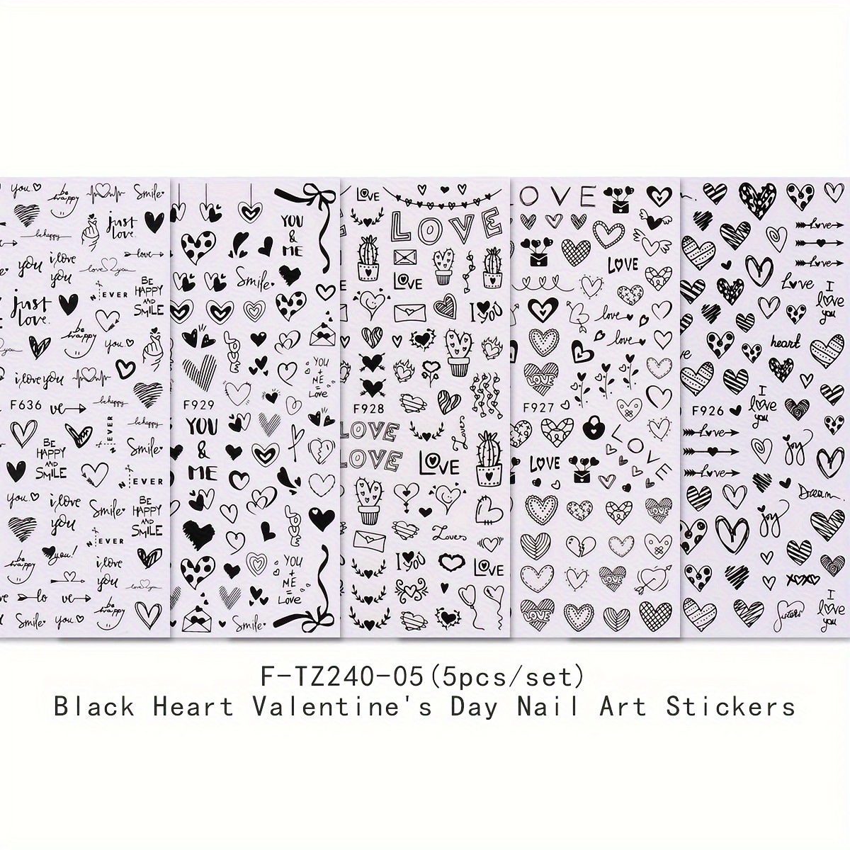 5 Sheets Valentines Nail Stickers, Black Heart Nail Art Sticker Decal, Solidhollow Heart 3d Self-adhesive Nail Design For Acylic Nail, Nail Art Supplies For Women And S