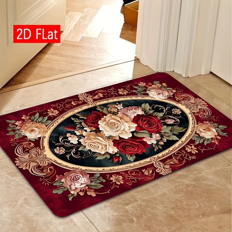 TEMU 1pc Alfombra Decorativa de Felpa con Estampado Floral Europeo para Exteriores, Adecuada para Entrada Interior/Exterior, , Dormitorio, Cocina,