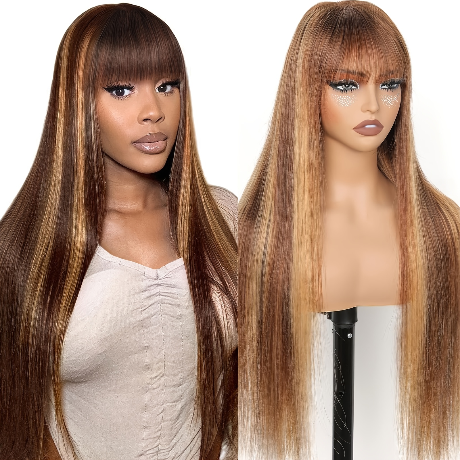 TEMU Perruques Blondes en Valeur avec Frange, Longues et Droites, Mode Y, Cheveux Synthétiques Doux, Fibre Résistante à la Chaleur, Perruque Colle
