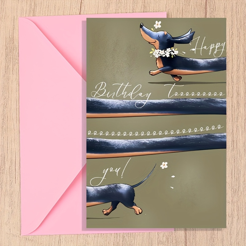 Image of 1pc Long Dachshund Birthday Card - Green Design With Long Dog & Flowers, Envelope Included | Perfect Gift For Dog Lovers, Pet Owners On Birthdays & Holidays
