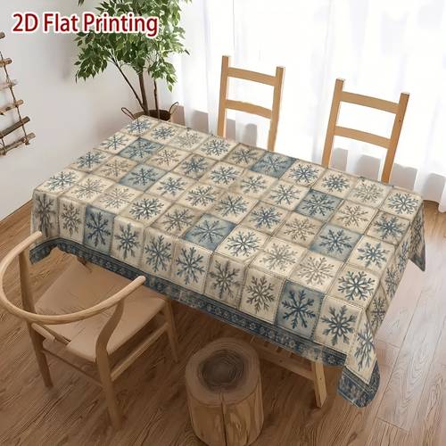 item picture 1pc 2d flat printing vintage checkered snowflake pattern printed rectangle round oval tablecloth suitable for indoor and outdoor daily use holidays birthdays weddings catering party decorations coffee tables dining tables