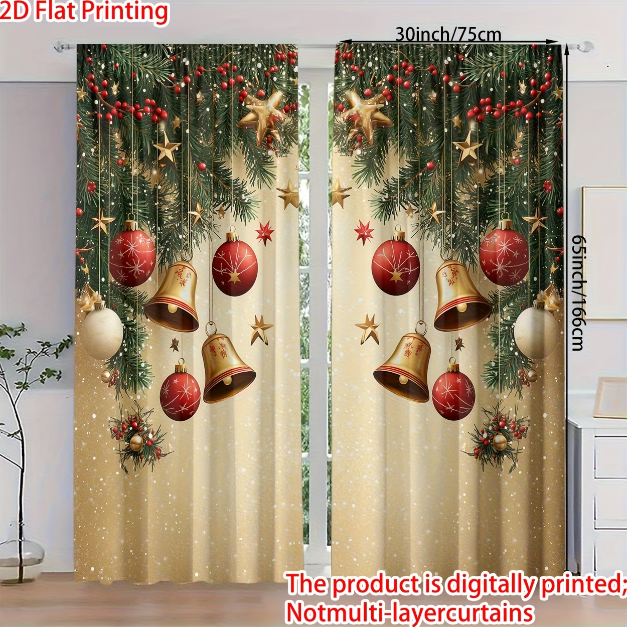 TEMU 2pcs, 2d Flat Non-layered Curtains With High-definition Christmas Decorative Patterns, Polyester Material, Light Filtering Design For Bedroom,