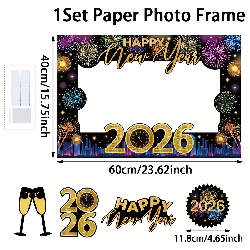 TEMU 2026 New Year Photo Booth Props Kit With Golden Numbered Frame & Happy New Year Banner-style Backdrop - Golden & Black Party Decorations,