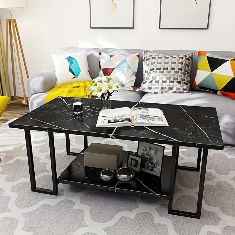 

Dklgg Marble Coffee Table, Rectangular Coffee Table With Black Metal Frame, Table With 2 Tier And For Living Room, Office, Balcony, 40 Inch, Black