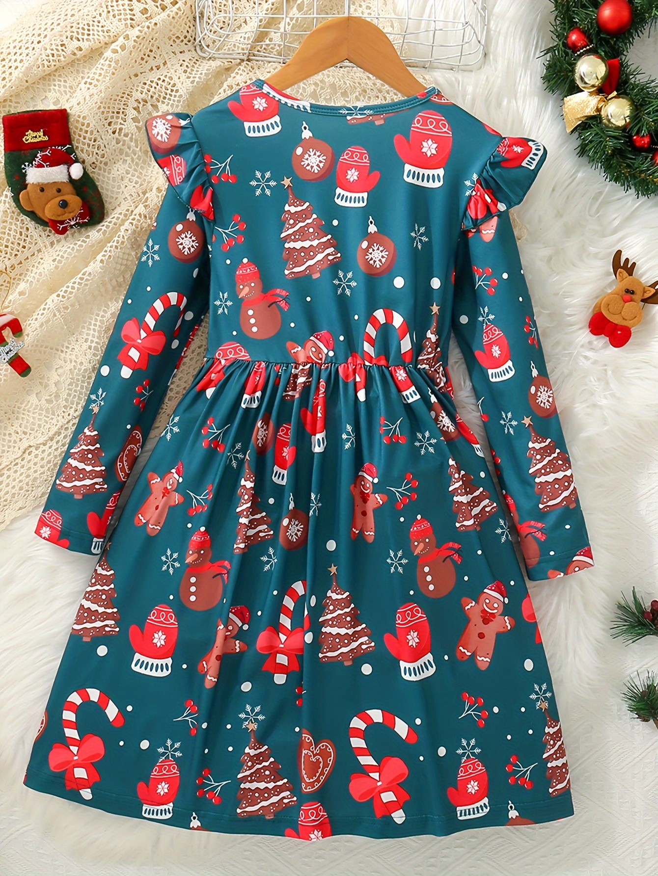 girls festive christmas print long sleeve dress lace detail Temu