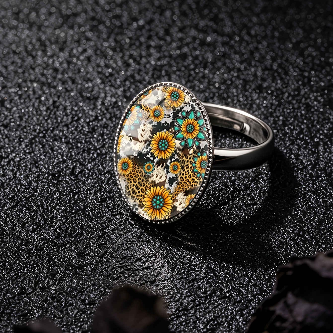 American Western Sunflower Leopard Print Stainless Steel Ring