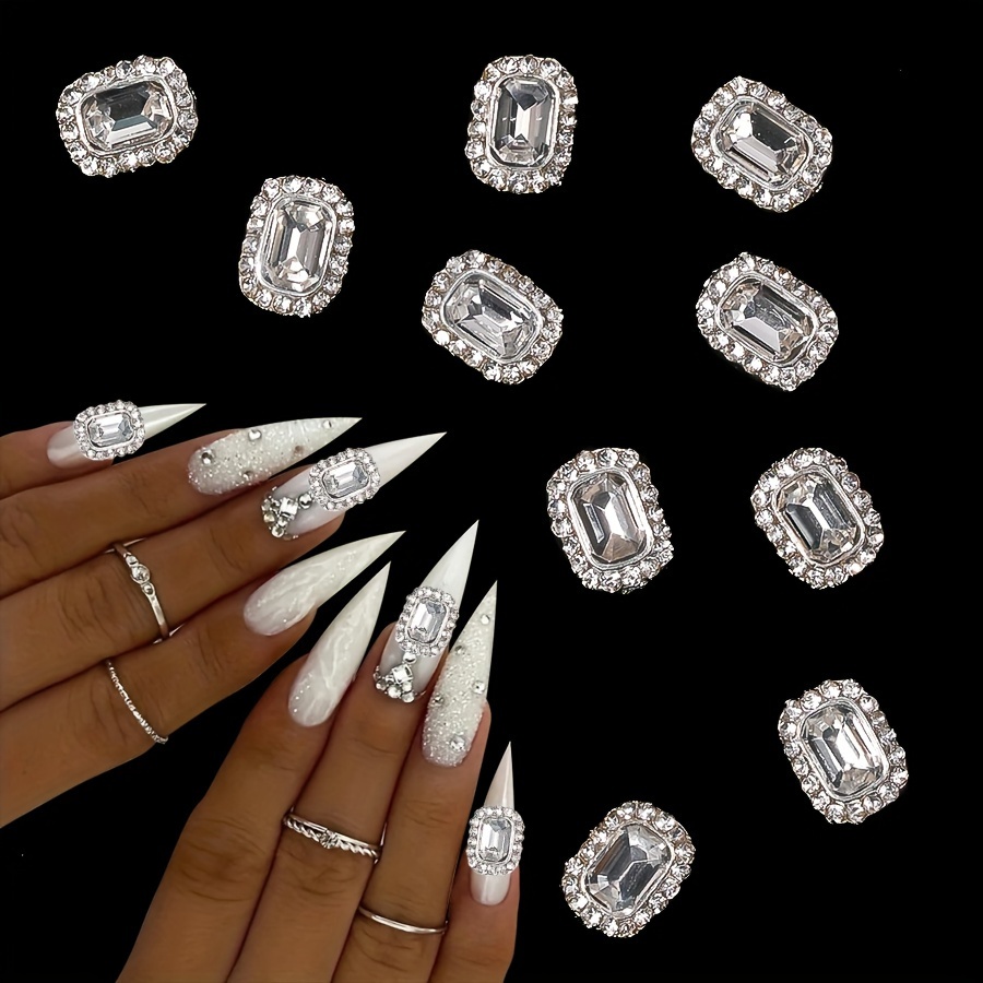 

10pcs 3d Square Nails Rhinestone Shiny Silver Nail Charms Clear Crystal Gem Nail Decoration Nail Art Accessories