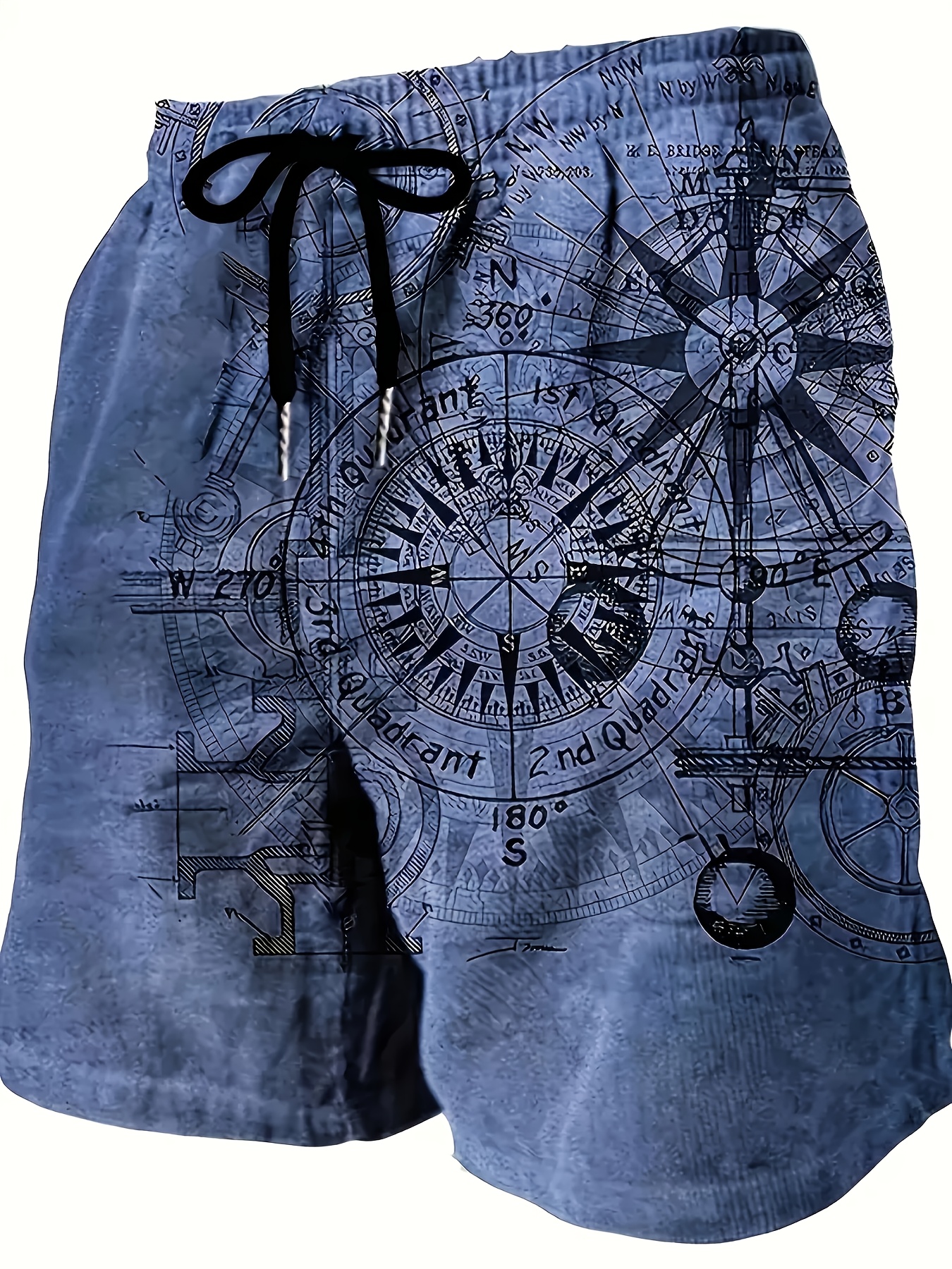 Men'S Plus Size Casual Fashion Novelty Blue Compass Pattern Digital Print Shorts, Non-Stretch Fabric, Regular Fit, Geometric Design, Woven Polyester, Casual Summer Wear, PLUS SIZ