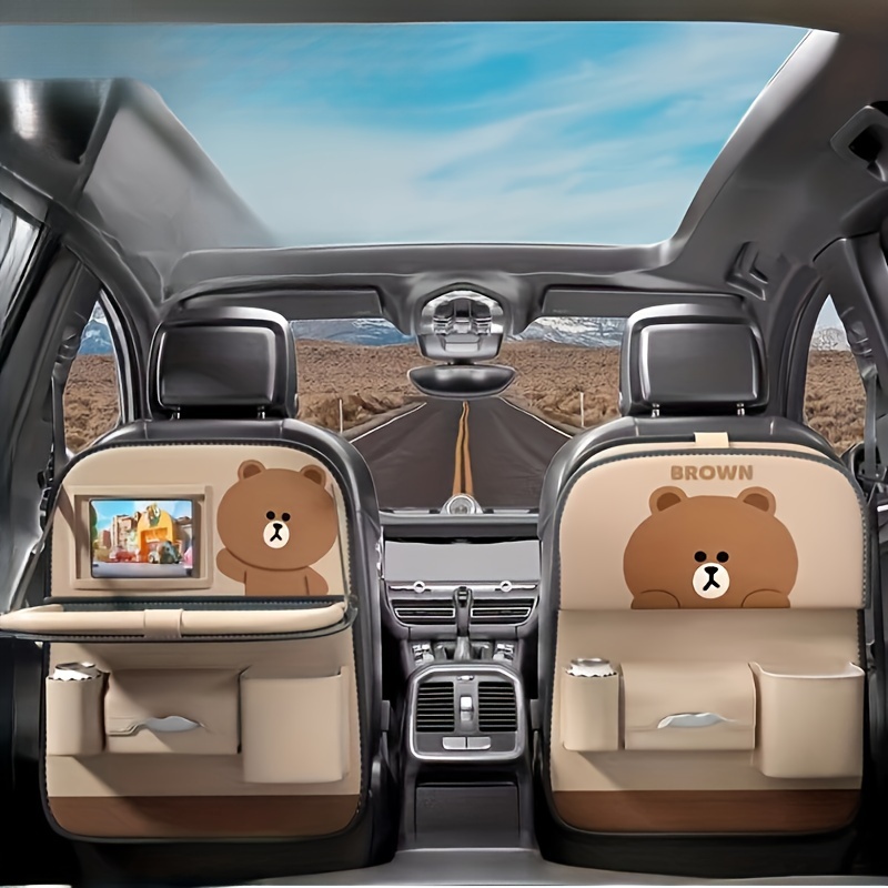 

1pc Pu Leather Car Interior Seat Backrest Suspension Storage Bag, Car Storage Bag, Brown Bear Printed Car Anti Kick Pad With Folding Dining Table Tray