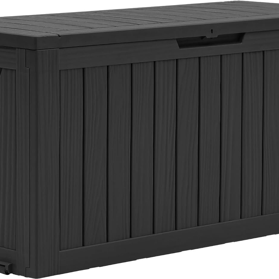 Image of 270l Outdoor Storage Box With Wheels, Plastic Deck Box, Lockable Wood Chest For Cushions, Tools And Pool Supplies, 114.7x46.5x57.6cm