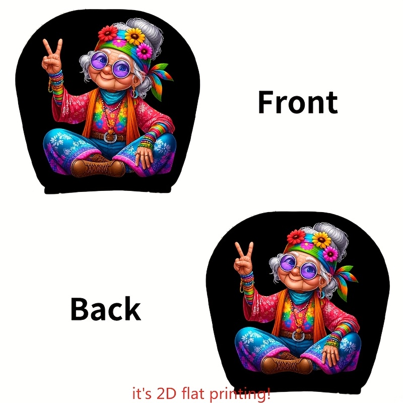 TEMU 2pcs Hippie Old Lady Printed Car Headrest Covers, Elastic Fabric Universal Car Seat Protector, Auto Interior Decoration, Perfect Christmas