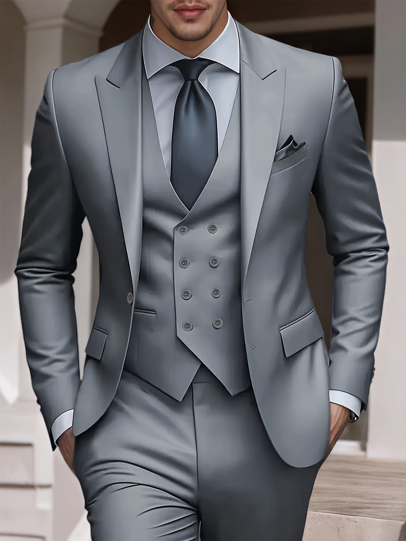 item picture 3pcs mens solid color suit set light business elegant wedding suit