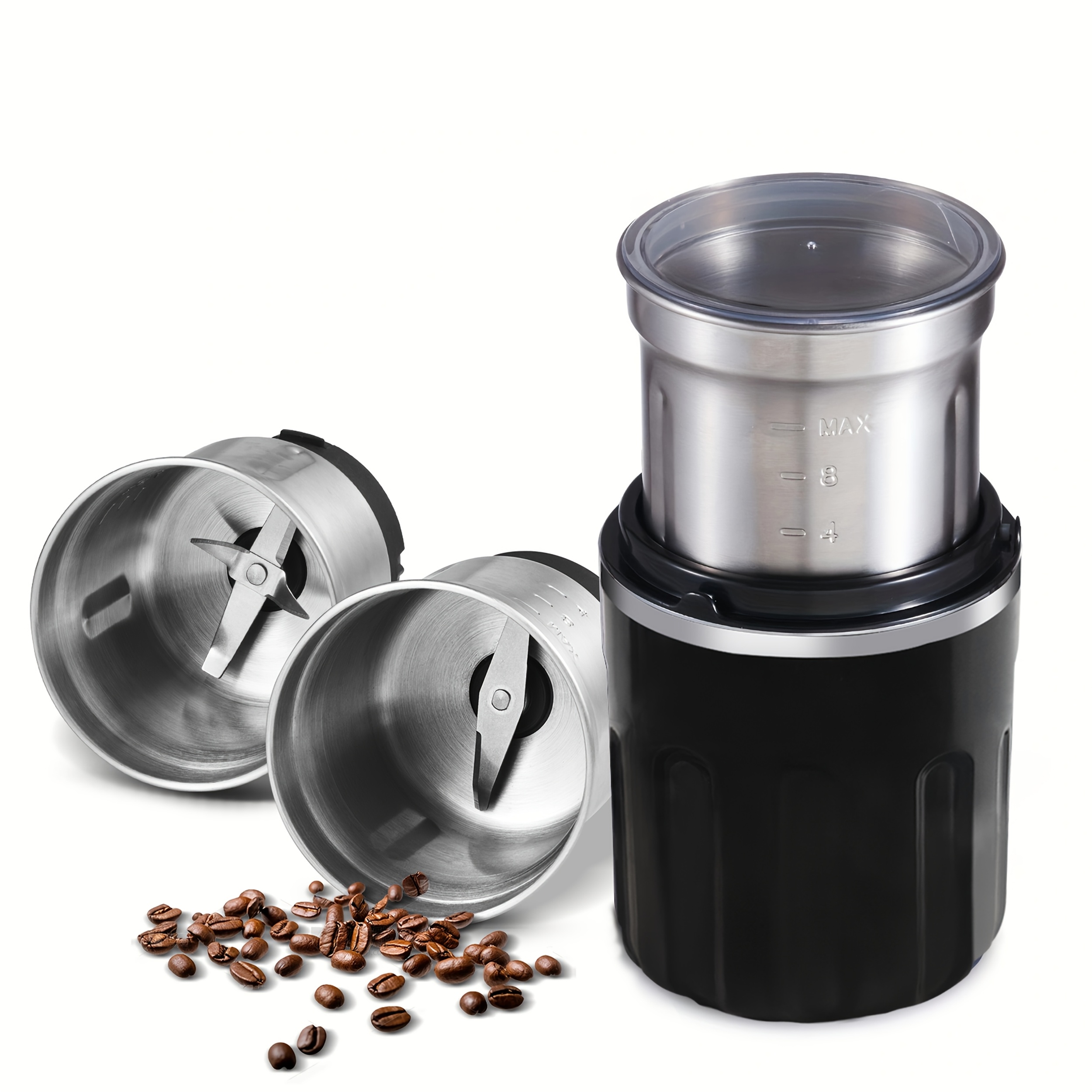 TEMU Electric Coffee Grinder With A Powerful 200w Motor, Designed For Grinding Beans, Nuts, Spices, Onions, And Garlic. It Includes 2 Removable Stainless Steel Bowls, Of Handling Up To 500g Or 36 Cups