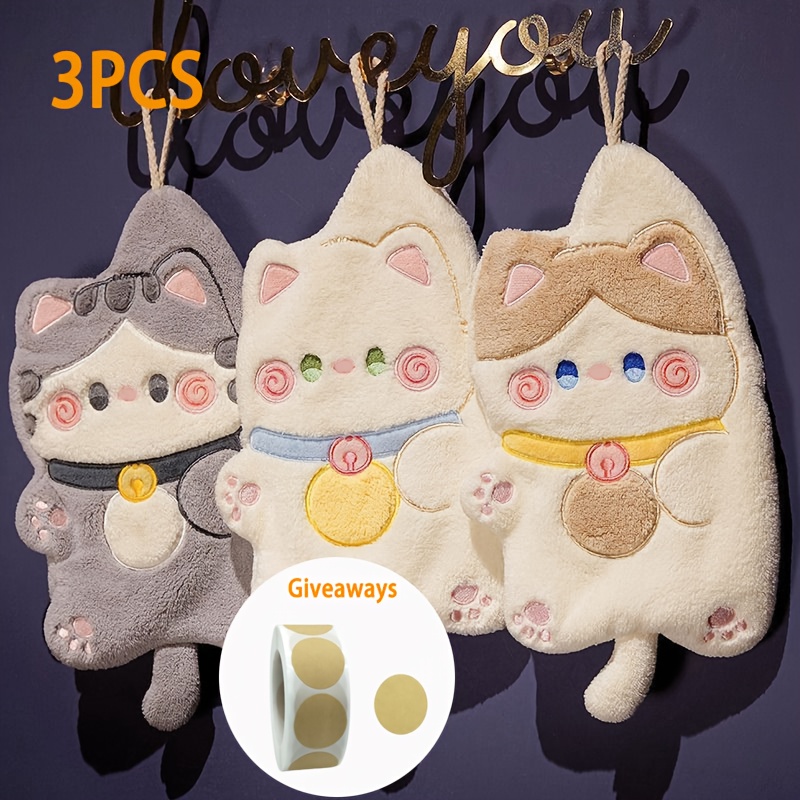 

3pcs Cute Cat Coral Fleece Hand Towels With Sealing Labels - Super Soft, Quick-dry & Absorbent For Kitchen And Bathroom