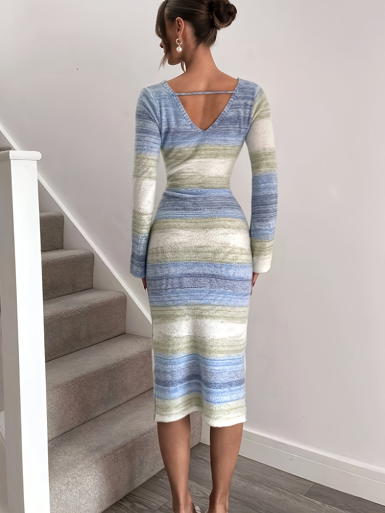 v neck long sleeve casual gradient fitted sweater dress - Temu Oman