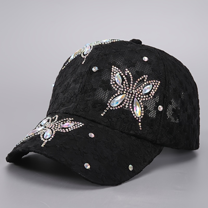 

Casquette de baseball graphique papillon en strass, couleur unie, dentelle respirante, chapeau de sport élégant, chapeau de papa pour femmes, utilisations quotidiennes.