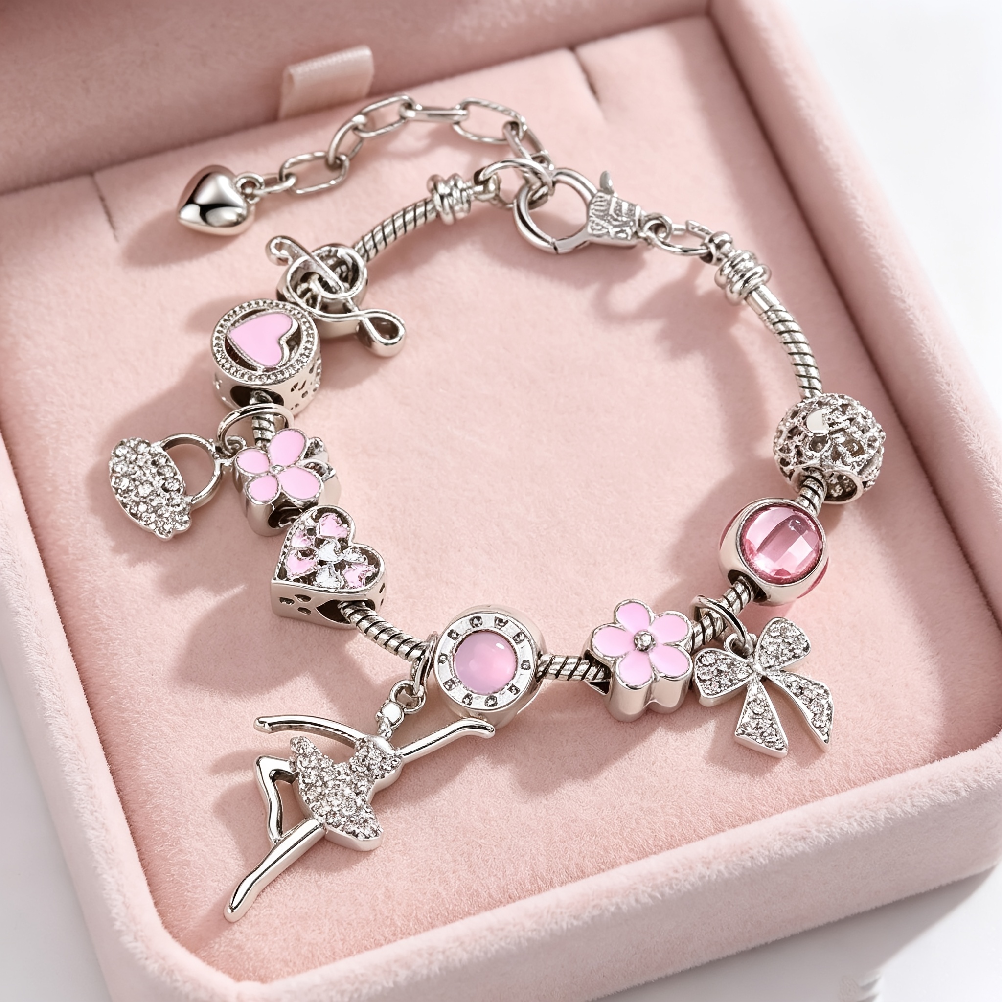 TEMU 1pc Elegant And Exquisite Heart Bead Bracelet, Ballet Pendant, Pink Grass, Love Heart, Adjustable Alloy Bracelet, Daily Date Dressing, Giving