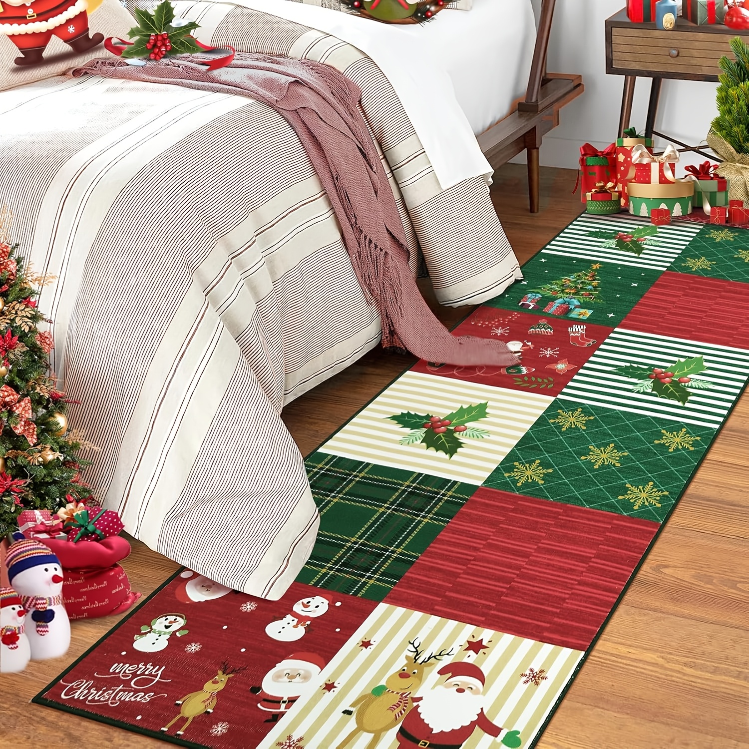 Festive Carpet Featuring Santa, Reindeer, And A Snowman In Red And , Perfect For The Living Room Or Bedroom. , Washable Area Rug Serves As A Holiday Floor Mat For Home Decor.